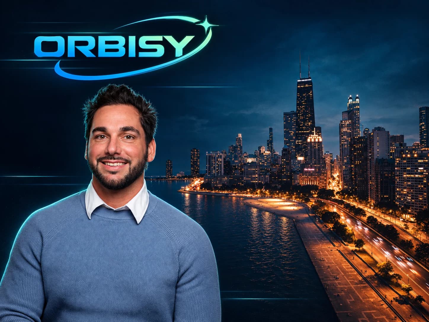 Orbisy branding with its founder and the Chicago skyline