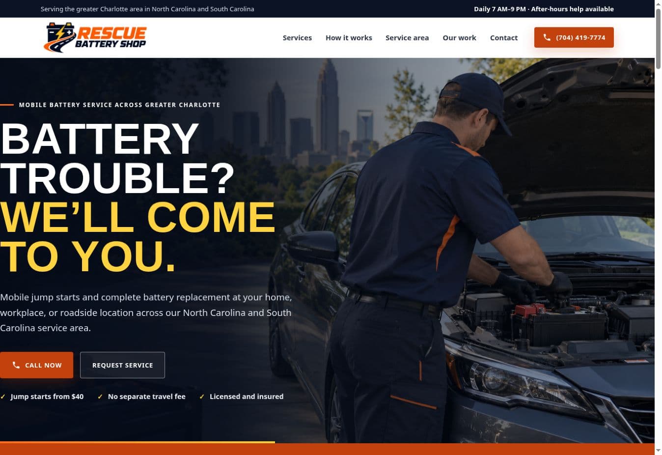 Rescue Battery Shop homepage screenshot captured October 3, 2026