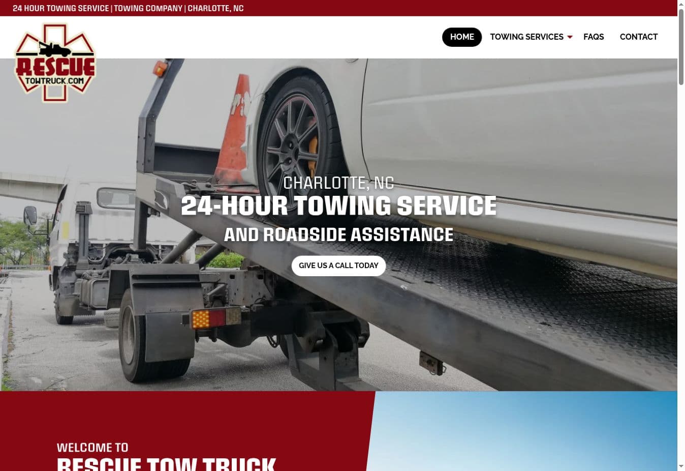 Rescue Tow Truck homepage screenshot captured October 3, 2026